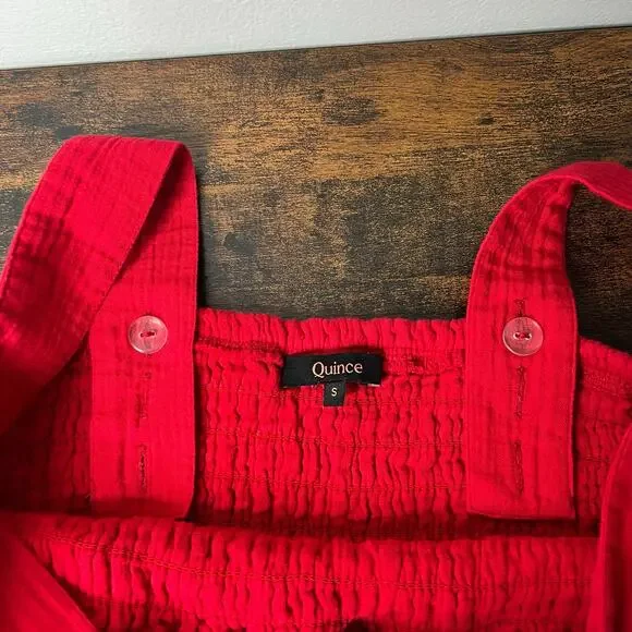 Quince Women's Organic Cotton Gauze Smocked Wide Leg Jumpsuit Cherry Red Sz S - Picture 8 of 11